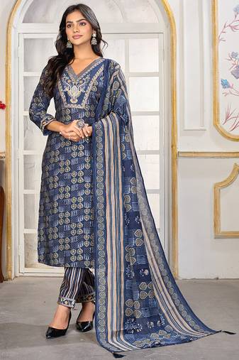 Navy blue digital print with embroidery chanderi salwar kameez with two pocket