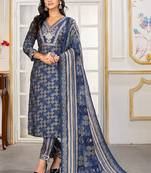Navy blue digital print with embroidery chanderi salwar kameez with two pocket