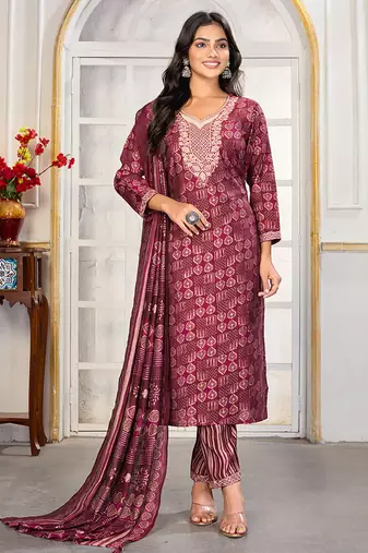 Maroon digital print with embroidery chanderi salwar kameez with two pocket
