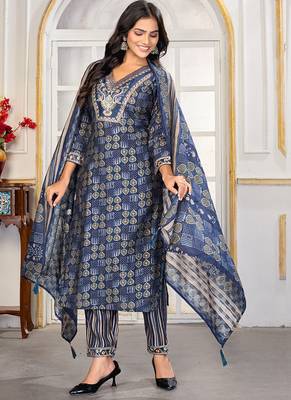 Navy blue digital print with embroidery chanderi salwar kameez with two pocket 2