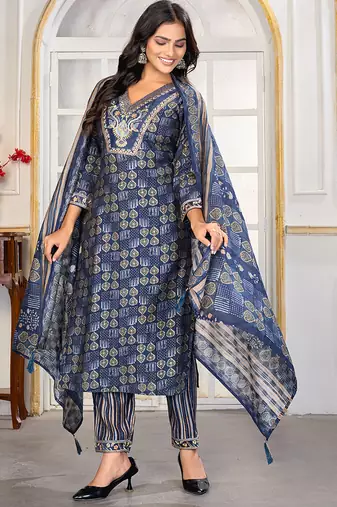 Navy blue digital print with embroidery chanderi salwar kameez with two pocket