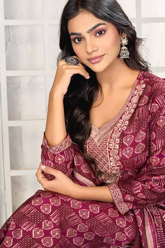Maroon digital print with embroidery chanderi salwar kameez with two pocket
