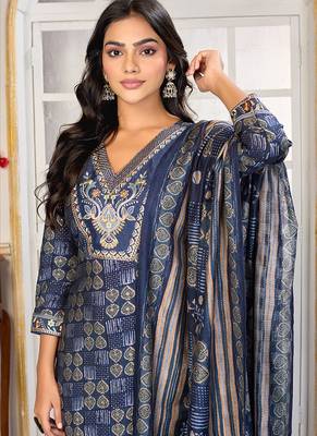 Navy blue digital print with embroidery chanderi salwar kameez with two pocket 3