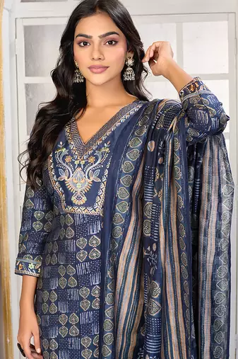 Navy blue digital print with embroidery chanderi salwar kameez with two pocket