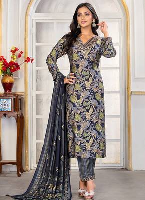 Navy blue digital print with embroidery chanderi salwar kameez with two pocket 1