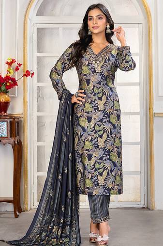 Navy blue digital print with embroidery chanderi salwar kameez with two pocket