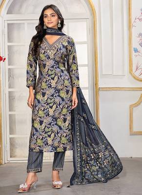 Navy blue digital print with embroidery chanderi salwar kameez with two pocket 2