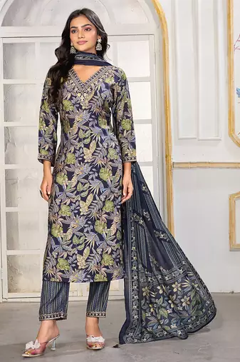 Navy blue digital print with embroidery chanderi salwar kameez with two pocket