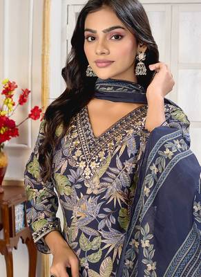 Navy blue digital print with embroidery chanderi salwar kameez with two pocket 3