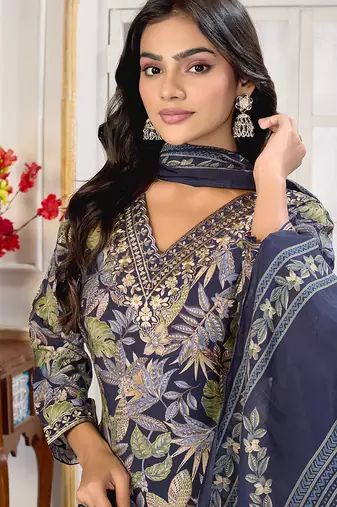 Navy blue digital print with embroidery chanderi salwar kameez with two pocket