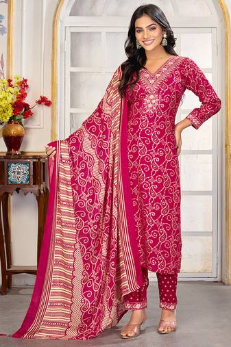 Pink digital print with embroidery riyon salwar kameez with two pocket