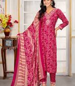 Pink digital print with embroidery riyon salwar kameez with two pocket