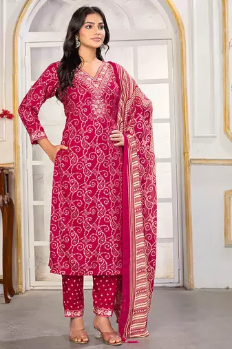 Pink digital print with embroidery riyon salwar kameez with two pocket