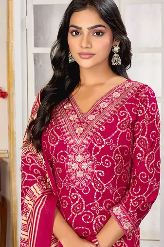 Pink digital print with embroidery riyon salwar kameez with two pocket