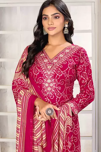 Pink digital print with embroidery riyon salwar kameez with two pocket