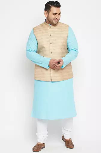 Blue cotton blend jacket kurta pyjama set