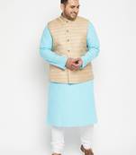 Blue cotton blend jacket kurta pyjama set