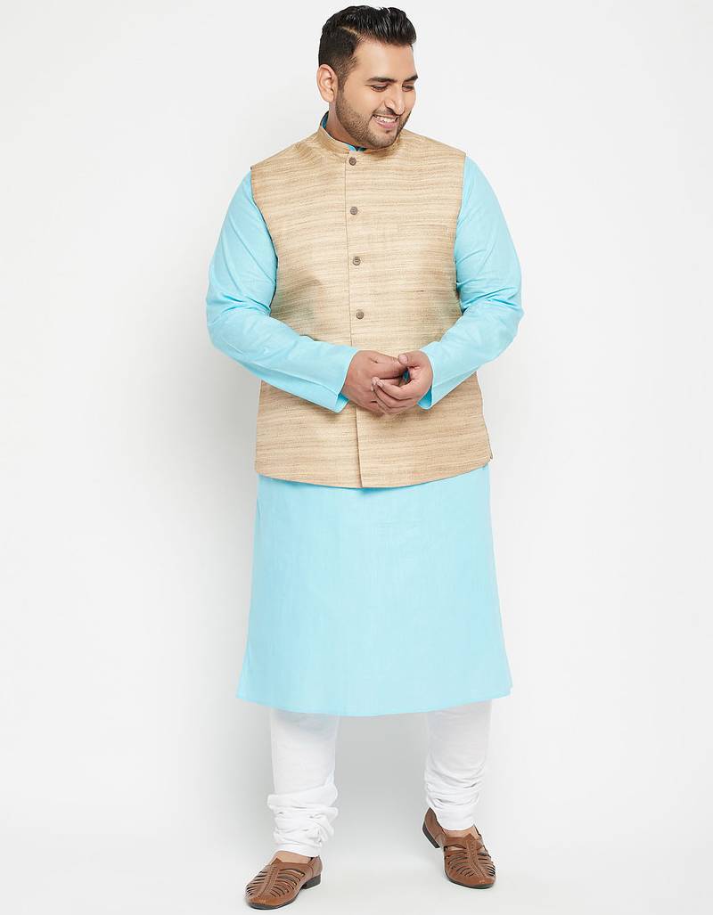 Blue cotton blend jacket kurta pyjama set