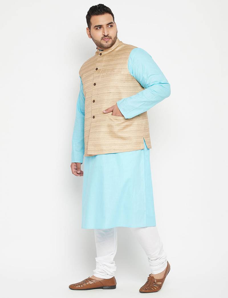 Blue cotton blend jacket kurta pyjama set