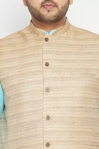 Blue cotton blend jacket kurta pyjama set