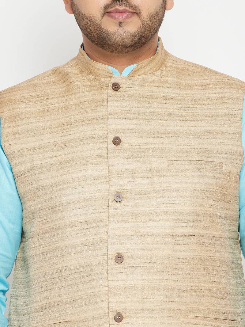 Blue cotton blend jacket kurta pyjama set
