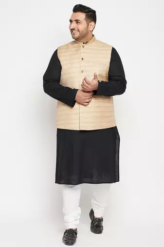 black, beige and white cotton blend jacket kurta pyjama set