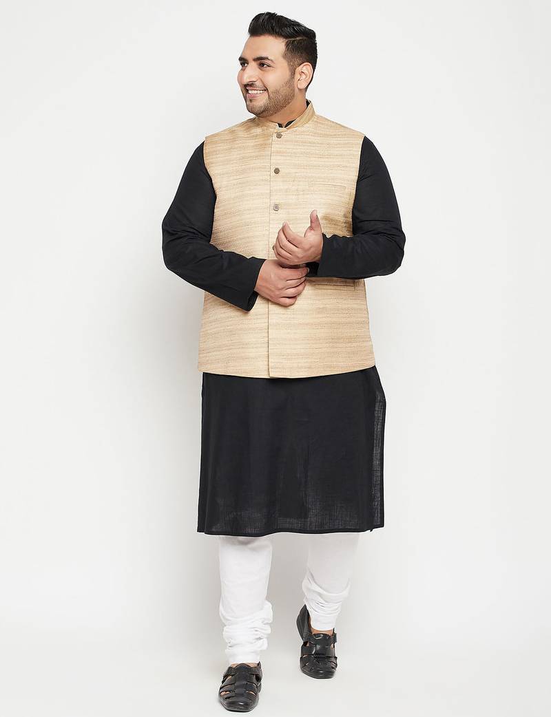 black, beige and white cotton blend jacket kurta pyjama set
