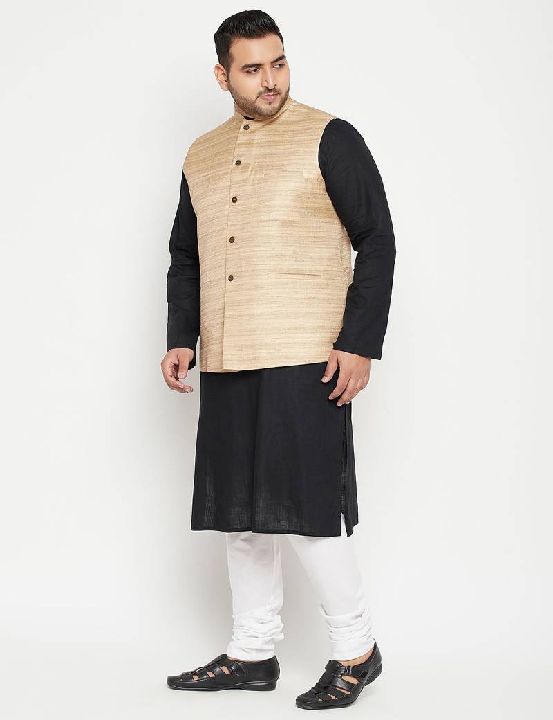 black, beige and white cotton blend jacket kurta pyjama set