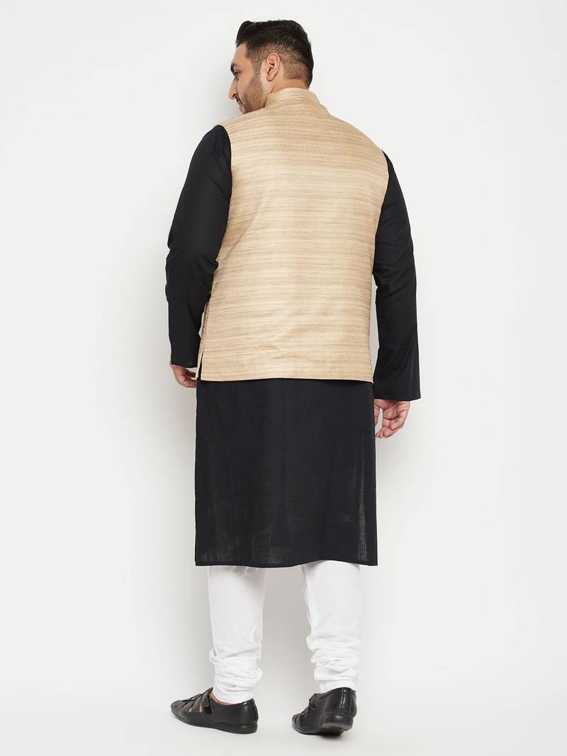black, beige and white cotton blend jacket kurta pyjama set