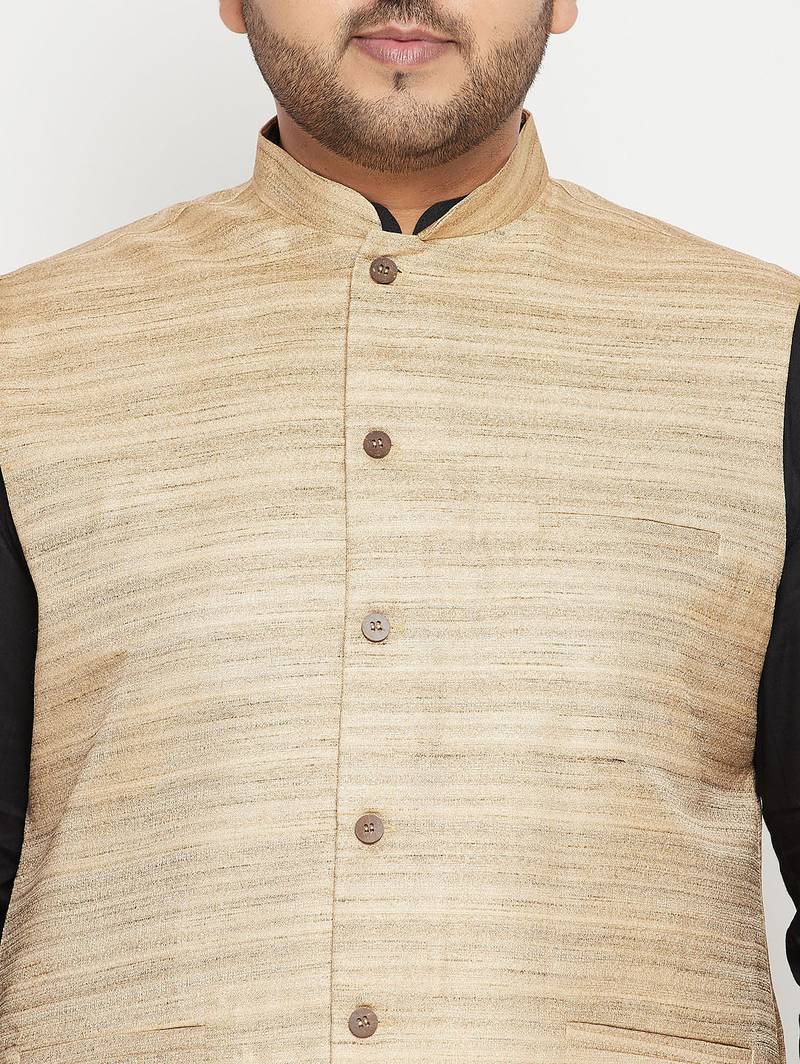 black, beige and white cotton blend jacket kurta pyjama set