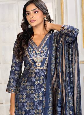 Navy blue digital print with embroidery chanderi salwar kameez with two pocket 5