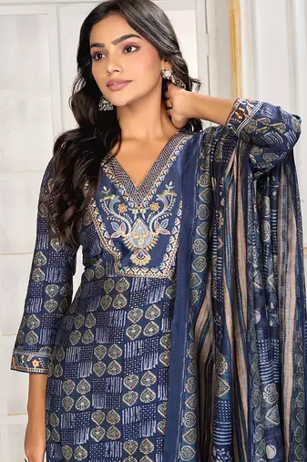 Navy blue digital print with embroidery chanderi salwar kameez with two pocket