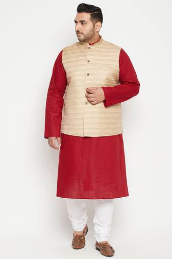 maroon, beige and white cotton blend jacket kurta pyjama set