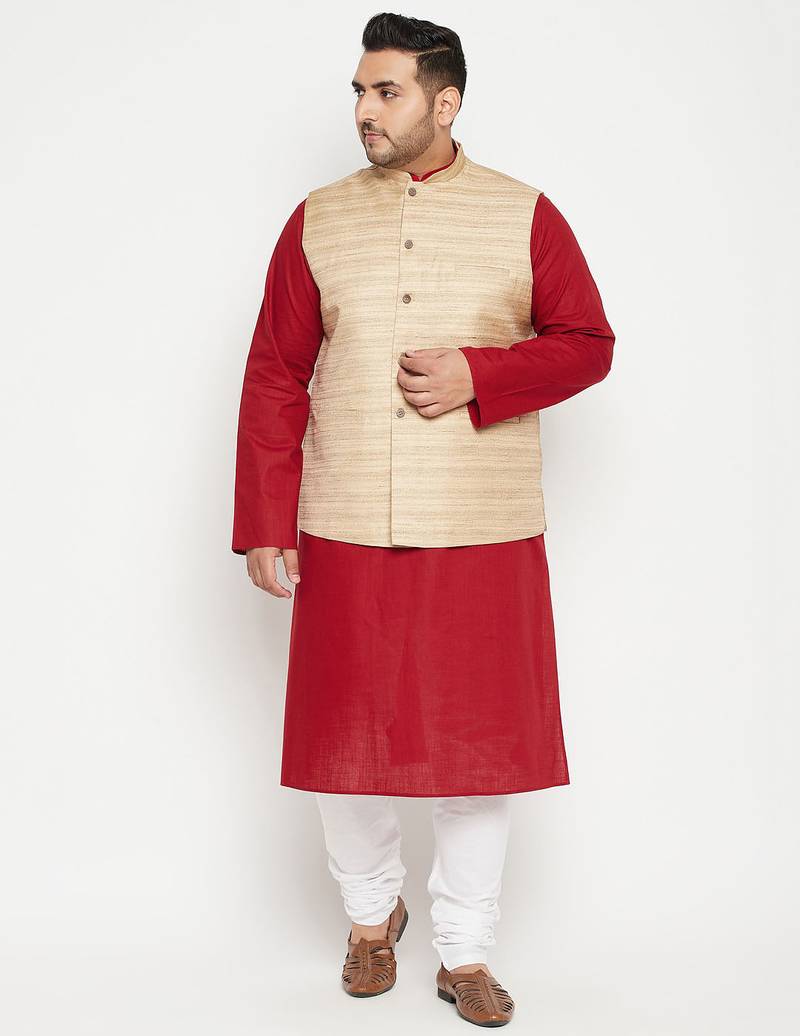 maroon, beige and white cotton blend jacket kurta pyjama set