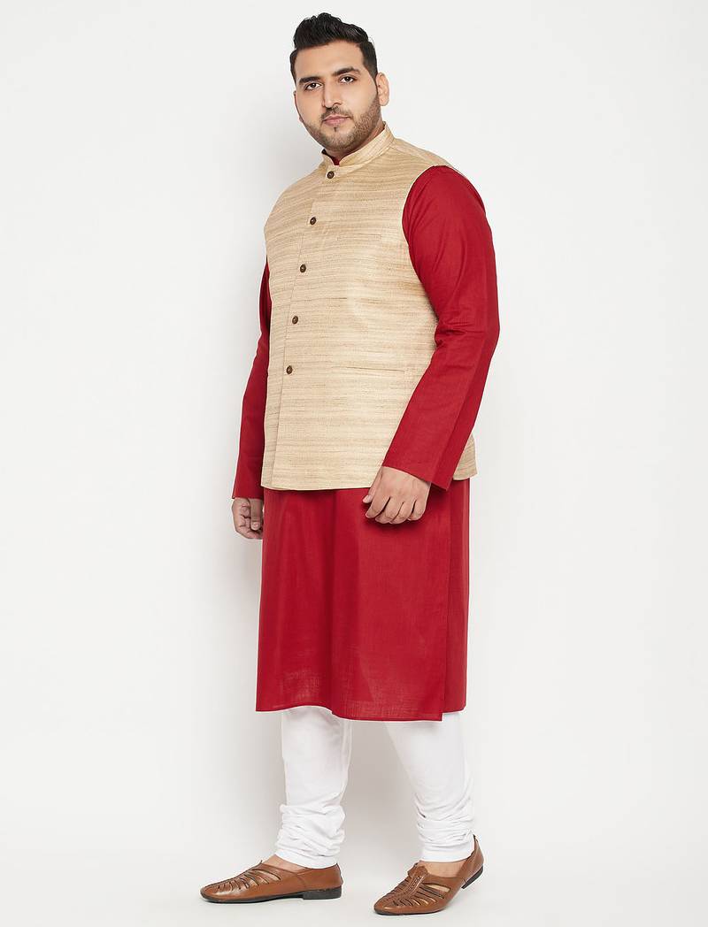 maroon, beige and white cotton blend jacket kurta pyjama set