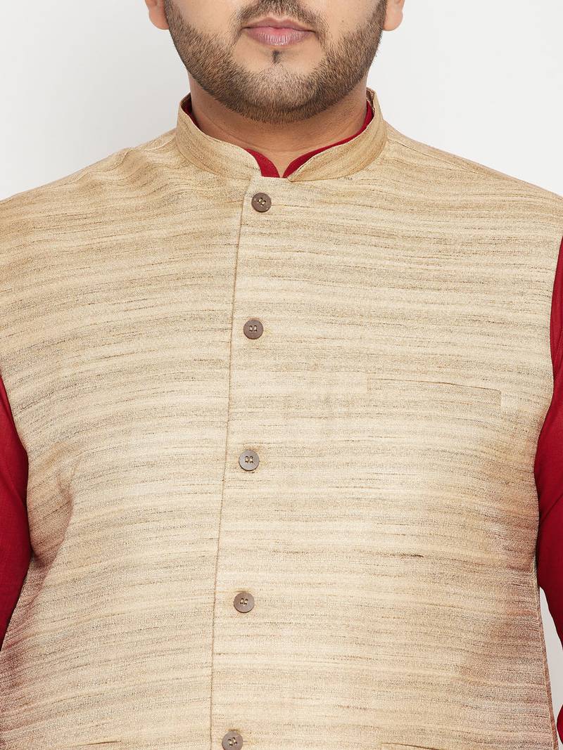 maroon, beige and white cotton blend jacket kurta pyjama set