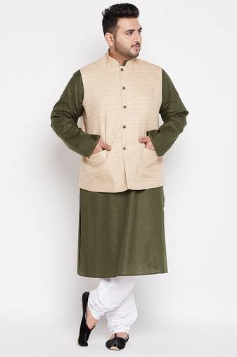 mehendi, beige and white cotton blend jacket kurta pyjama set