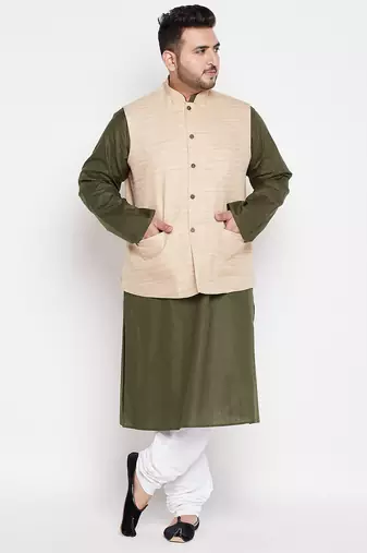 mehendi, beige and white cotton blend jacket kurta pyjama set