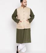 mehendi, beige and white cotton blend jacket kurta pyjama set