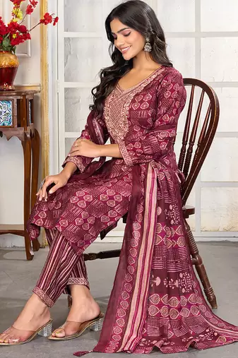 Maroon digital print with embroidery chanderi salwar kameez with two pocket