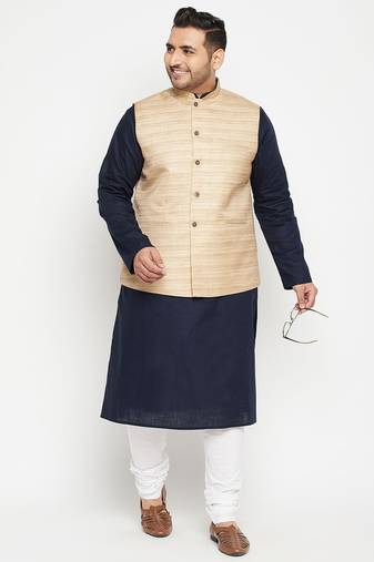 navy blue, beige and white cotton blend jacket kurta pyjama set
