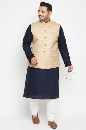 navy blue, beige and white cotton blend jacket kurta pyjama set