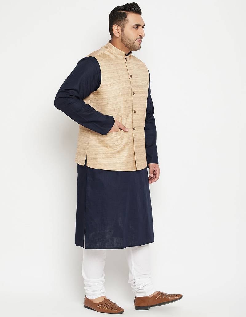 navy blue, beige and white cotton blend jacket kurta pyjama set