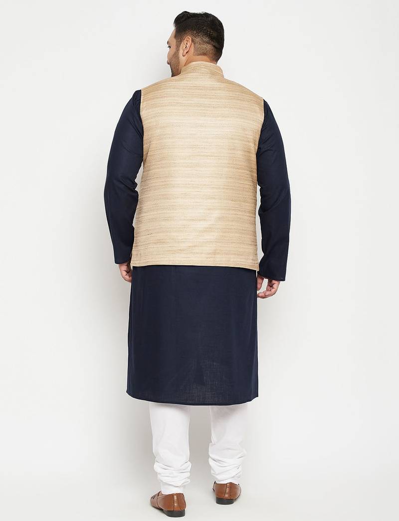 navy blue, beige and white cotton blend jacket kurta pyjama set
