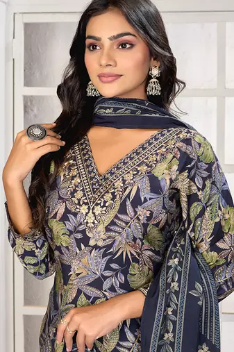 Navy blue digital print with embroidery chanderi salwar kameez with two pocket