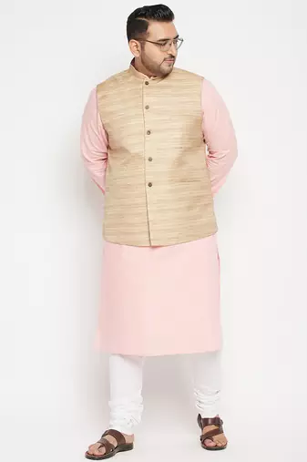 pink, beige and white cotton blend jacket kurta pyjama set