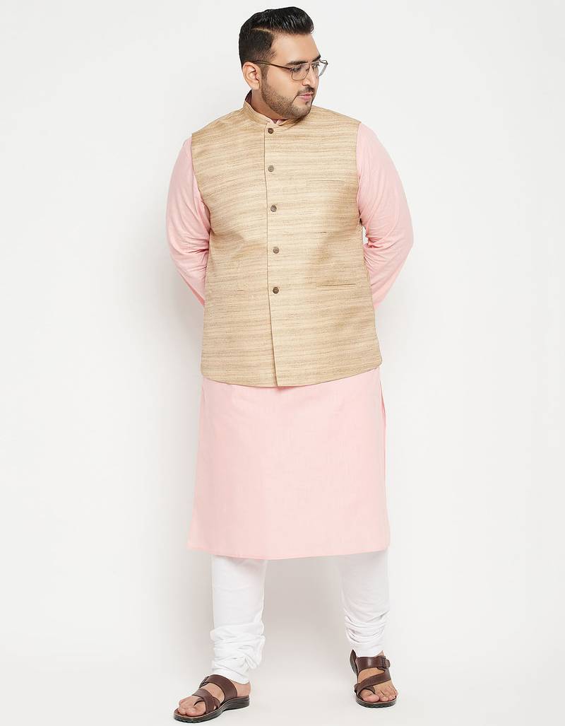 pink, beige and white cotton blend jacket kurta pyjama set
