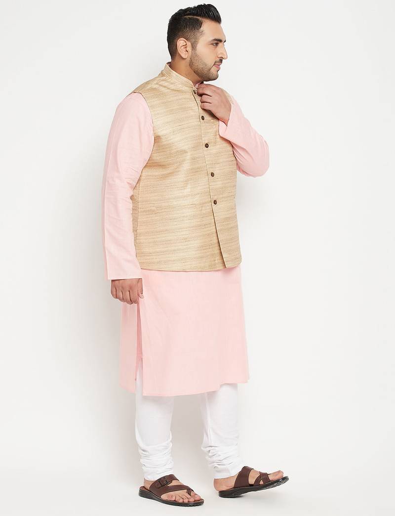 pink, beige and white cotton blend jacket kurta pyjama set