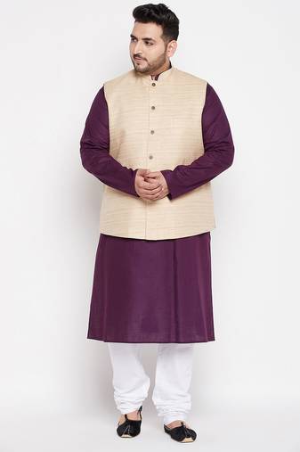 purple, beige and white cotton blend jacket kurta pyjama set