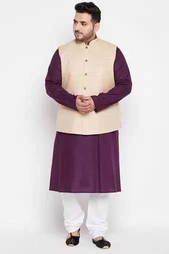 purple, beige and white cotton blend jacket kurta pyjama set